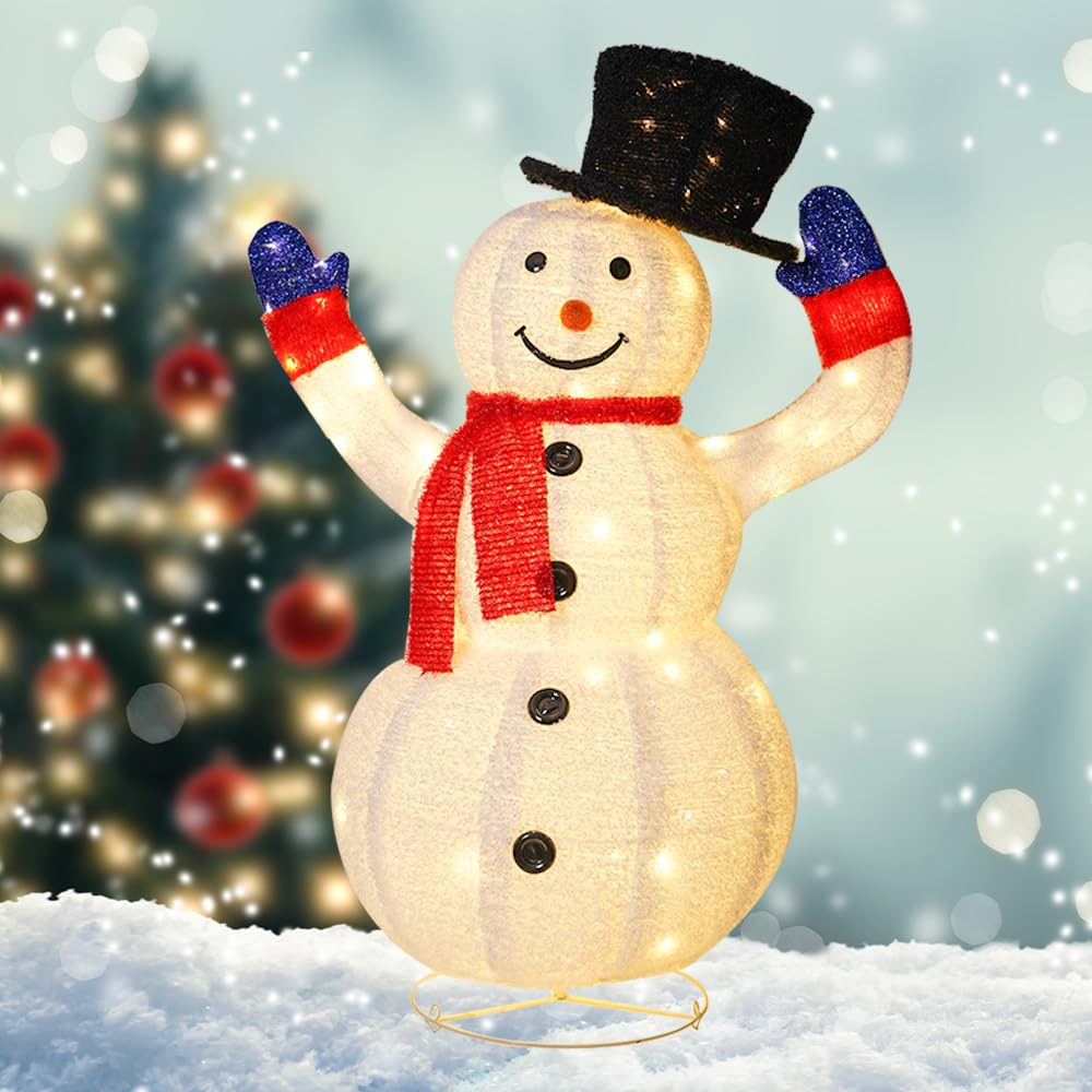 Vroxue Christmas Decoration Lighted Snowman, 4ft Electric Swing Arm Christmas Snowman 120LED Warm White Lights for Indoor, Outdoor Garden Yard Lawn Festive Holiday Decoration, Ground Stakes, Zip Ties