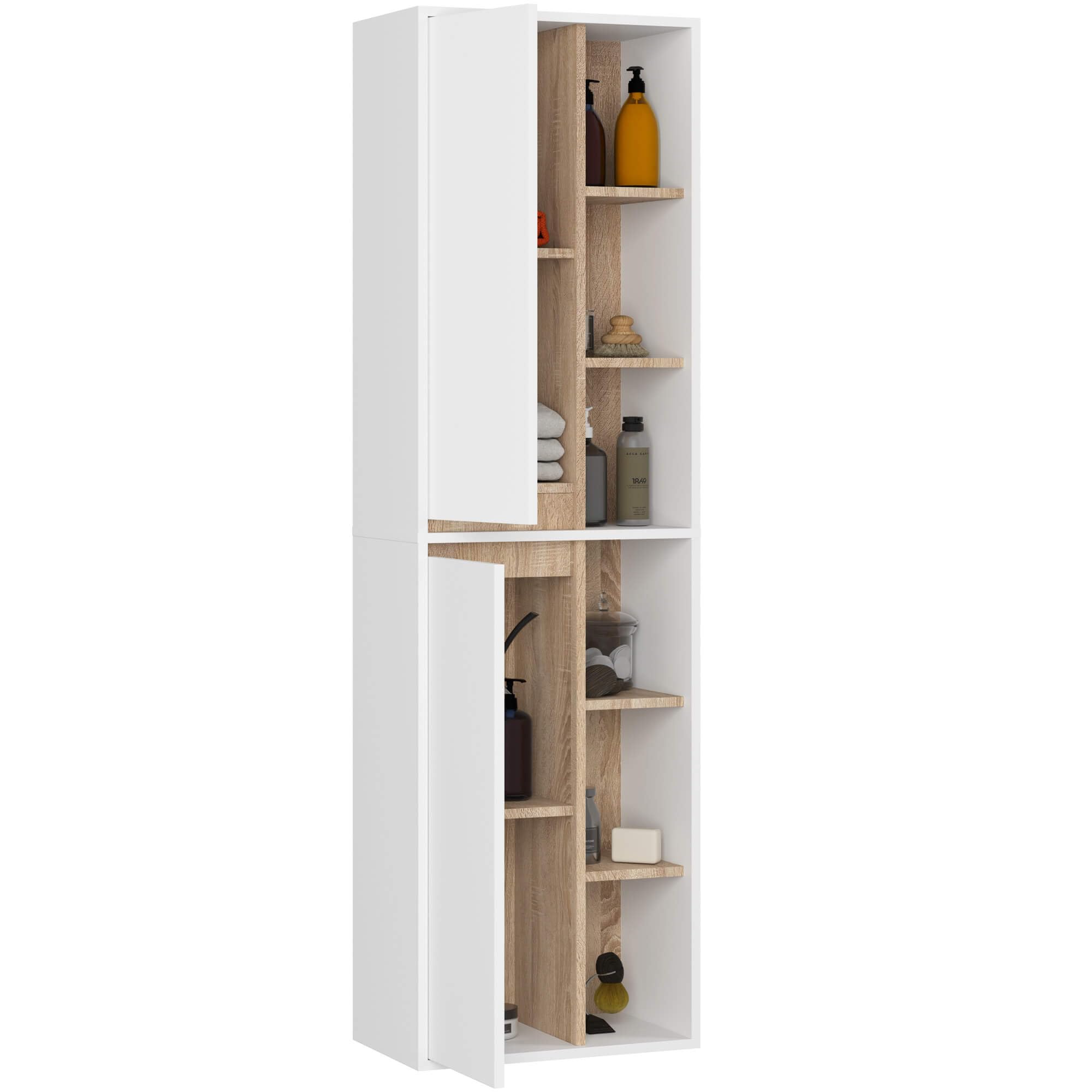 AKORD Colonne Salle de Bain Suspendue VAMI W50 - Meuble Mural 2 Portes, 10 Étagères - Rangement pour Cosmétiques et Serviettes, Fixation Murale - 50x170x30 cm - Blanc & Chêne Sonoma