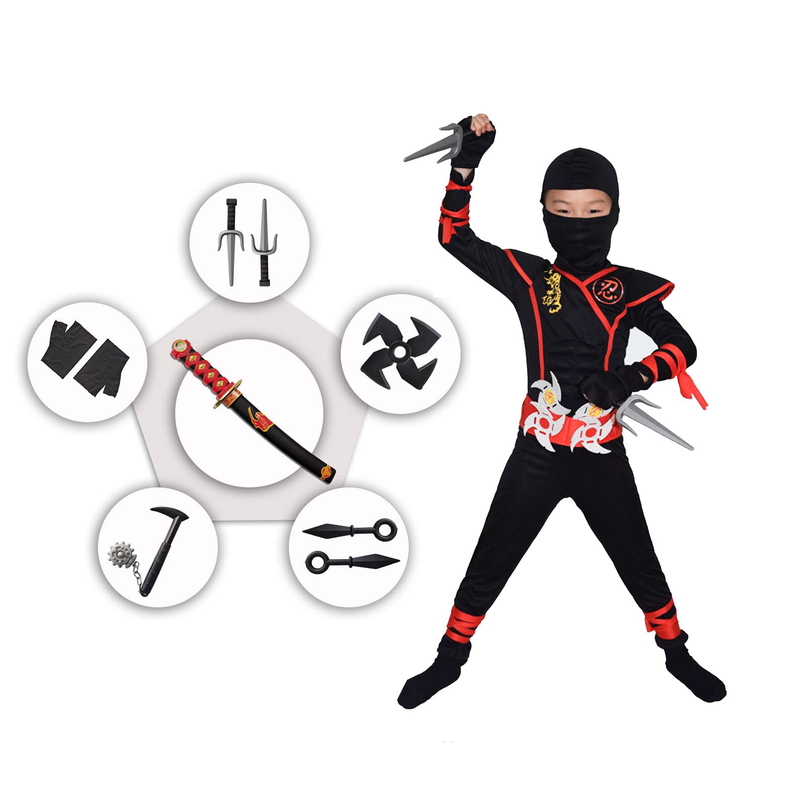 Ninja Costume for Kids Deluxe Child Ninja Costume Set, Flame Ninja Halloween Costumes for Boys and Girl, Kids Kung Fu Outfit