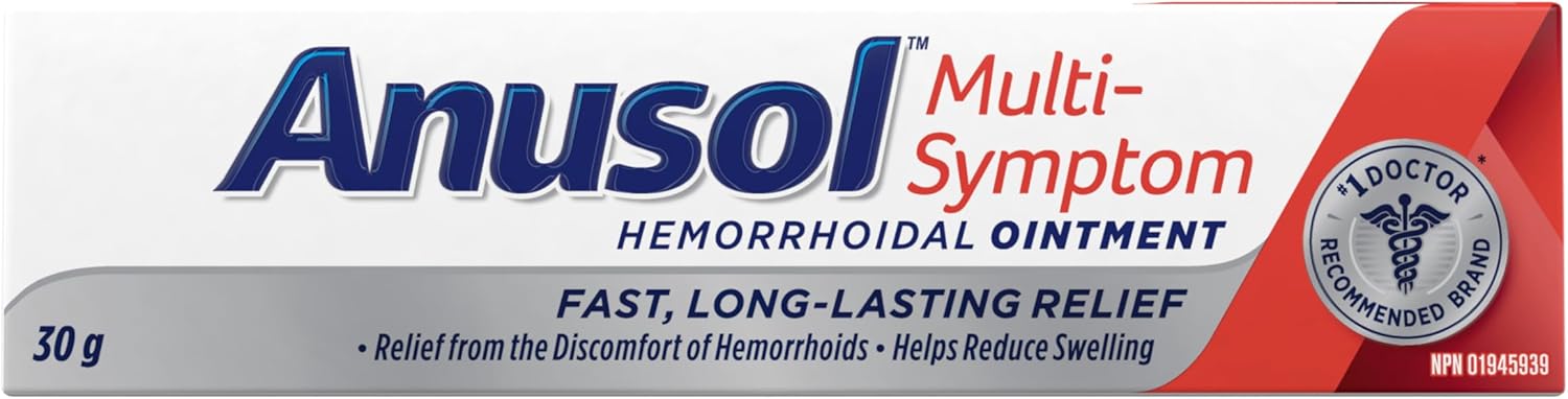Anusol Multi-Symptom Hemorrhoidal Ointment – Made in Canada – Hemorrhoid Relief for Internal & External Use, Fast, Long-Lasting Relief from the Discomfort of Hemorrhoids- 30g (Pack of 1) Anusol Multi-Symptom Hemorrhoidal Ointment – Made in Canada – Hemorrhoid Relief for Internal & External Use, Fast, Long-Lasting Relief from the Discomfort of Hemorrhoids- 30g (Pack of 1)