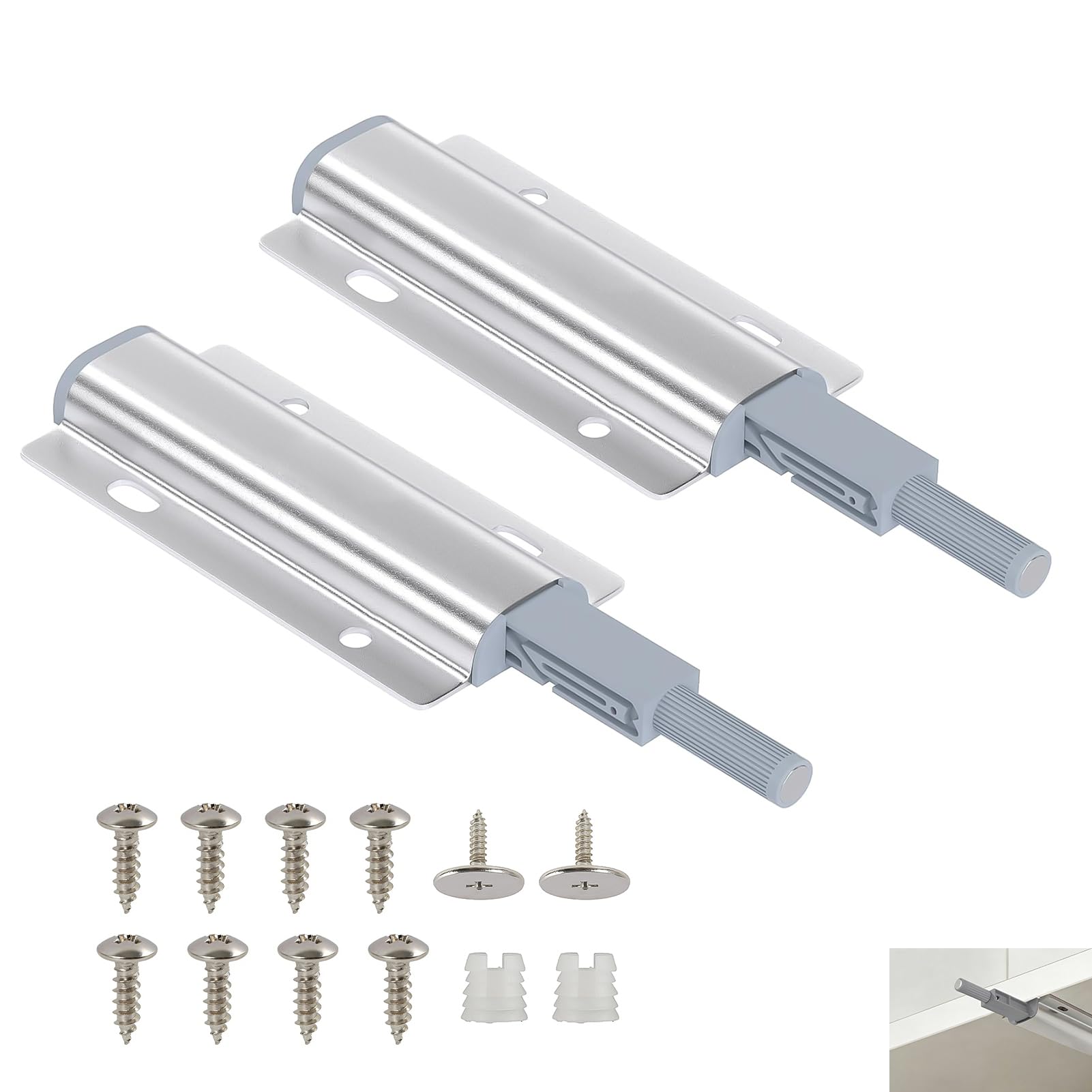 2 PCS Push to Open Door Catch, Cabinet Push Latch for Cupboard, Magnetic Release Drawer Latch, Touch Open for Closet and Wardrobe, Pull Catch with Long Stroke, No Knobs for Seamless Cabinet Closure