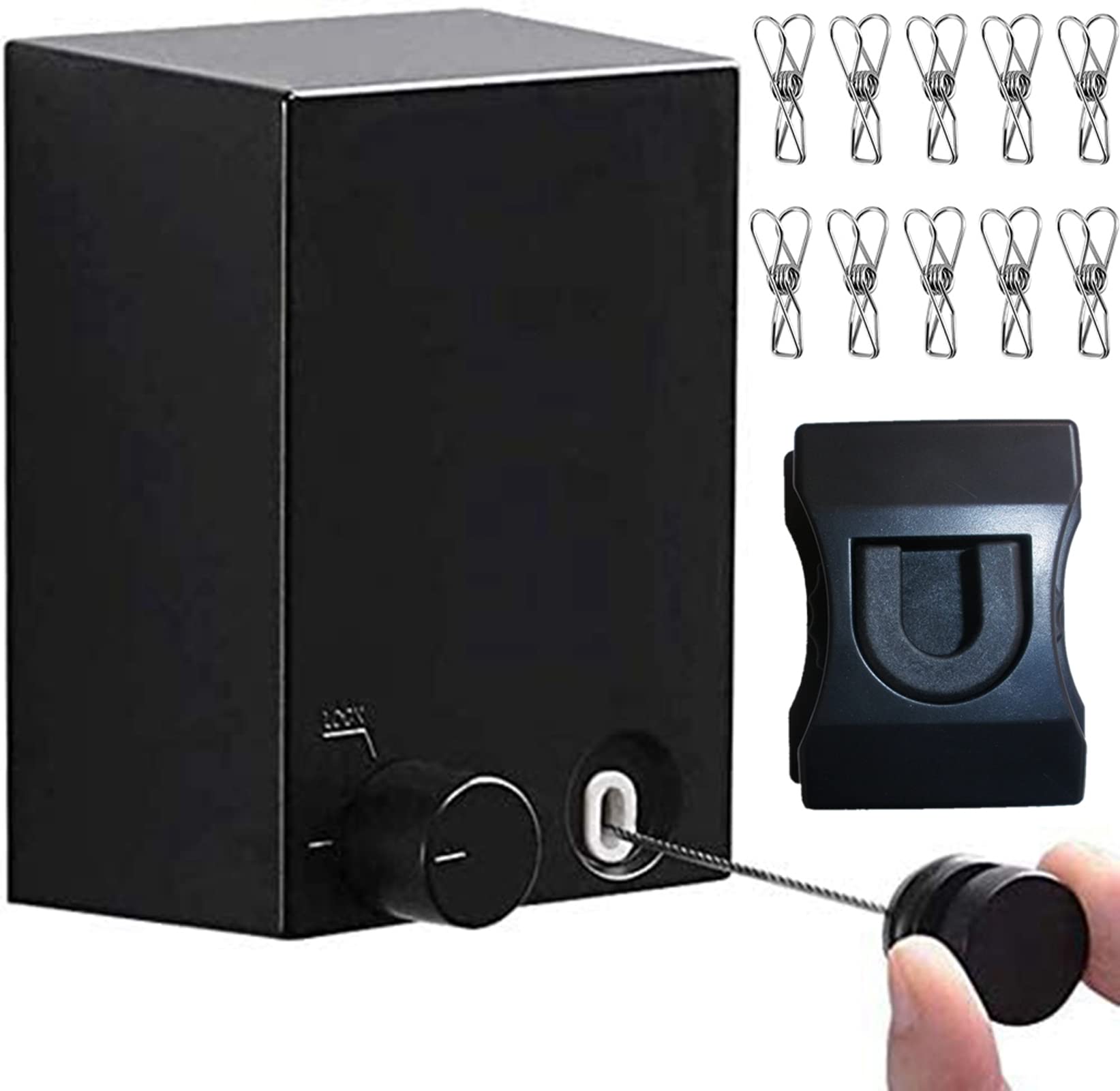 Photo 1 of ABHILWY Retractable Clothesline Clothes Line Retracting Outdoor/Indoor, Heavy Duty Stainless Steel Adjustable Drying Rope Wire Dryer with ABS case Aluminum, Self Adhesive Wall Mount Upgrade Knob Black Upgraded Black and Buckle With Rotary Knob