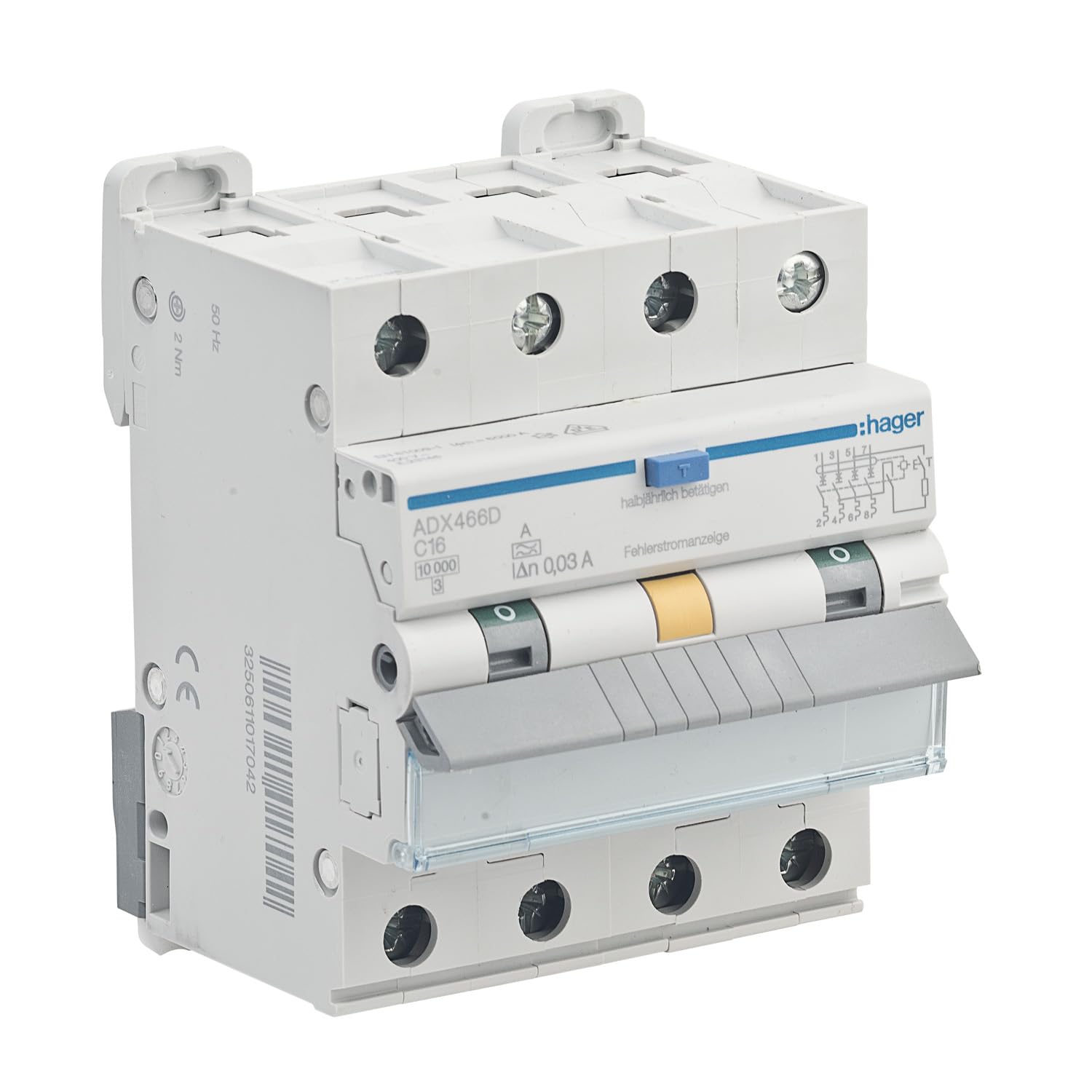 FI/LS-Schutzschalter Hager ADX466D, Kompaktes Gerät C16A 3-polig 3P+N, integrierter FI-Schutzschalter 30mA, Einzelabsicherung und nur 71mm Breite 4TE