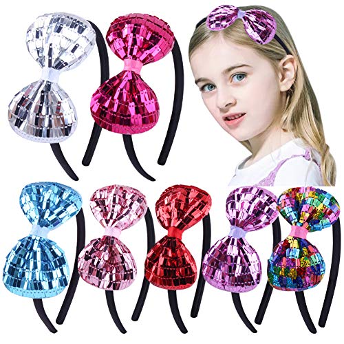 7 Pack baby Girls Headbands with Bows Colorful Sequin Glitter Sparkle Hairband for Baby Girls Kinds Teens Toddler Bling Hairbands Hair Bow Hair Accessories (Set of 7)