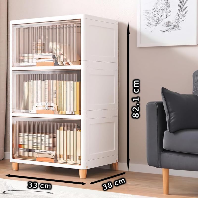 Image of 3 Pack Plastic Cupboard for Storage, Multipurpose Stackable Cabinet Drawer, Foldable Wardrobe Organizer for Clothes, Kitchen Storage Cabinet, Modular Almirah with Magnetic Doors, Wheels (Beige)