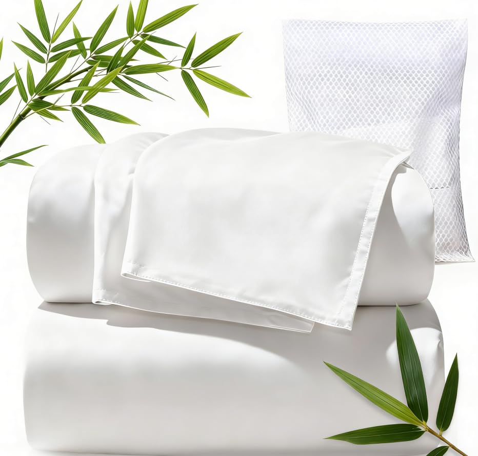 TWK Genuine 100% Viscose Derived from Natural Bamboo Bed Sheets Set,Cooling & Silky Soft Bed Sheets,Deep Pocket Up to 18',with a Laundry Bag (Crisp White, Queen)