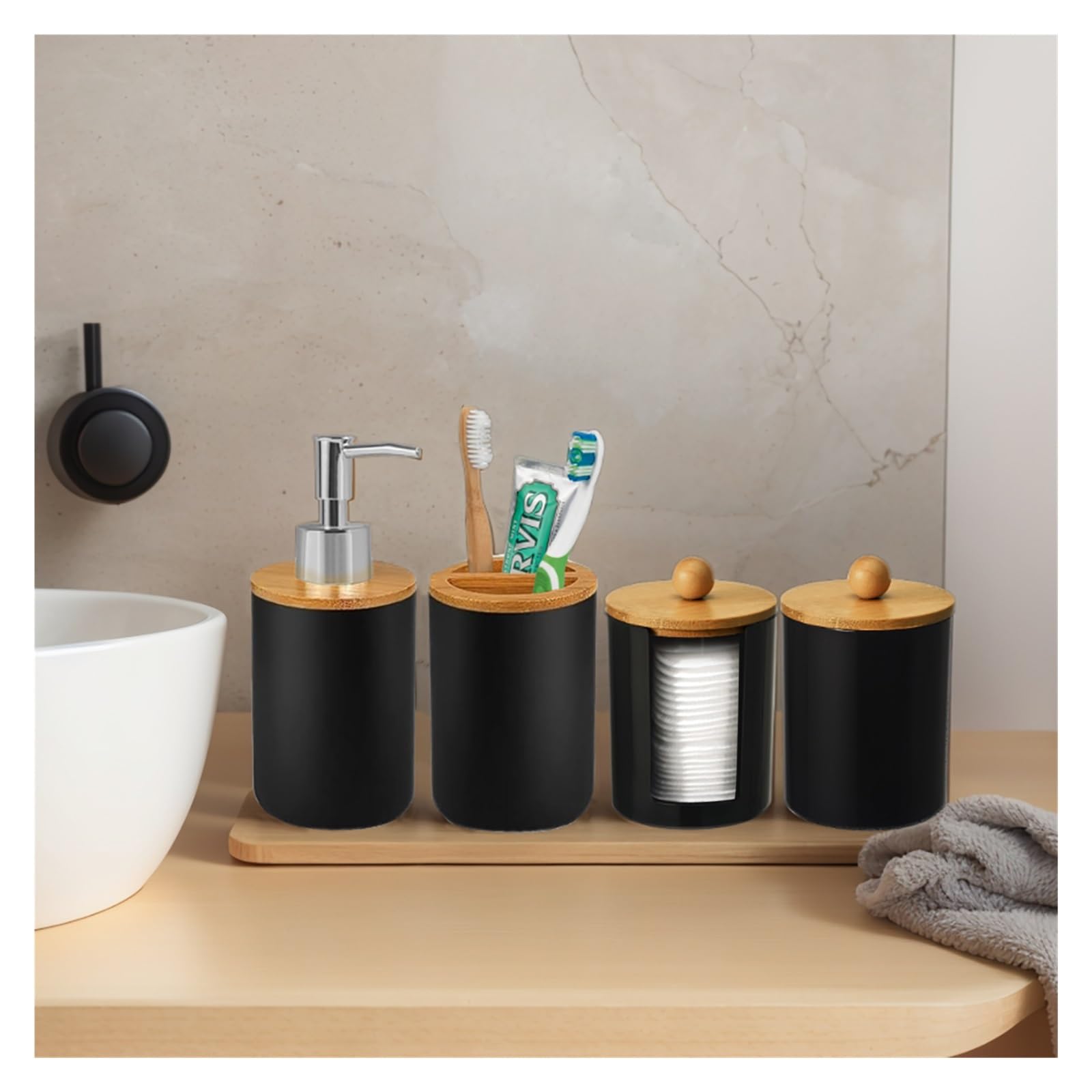 Set Dispensador Jabon Baño Juego de baño con dispensador de jabón, Soporte for Cepillo de Dientes y Caja de algodón for decoración del hogar, Caja de Almacenamiento(White)