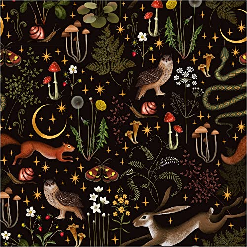 UniGoos Animals Mushroom Owl Peel and Stick Wallpaper Retro Vinyl Self-Adhesive Snails Temporary Wall Paper Roll Black Background Decorative Contact Paper for Kids Room DIY Decor 17.7' x 118.1'