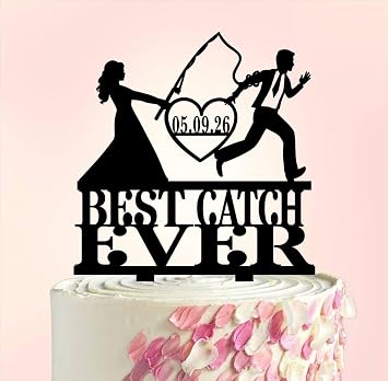 Custom Best Catch Ever Wedding Cake Topper, Fishing Theme, Hooked for Life Bride and Groom Acrylic Decoration, Fisherman Party Sign, Personalized Mr and Mrs Celebration Decor, Unique Gift