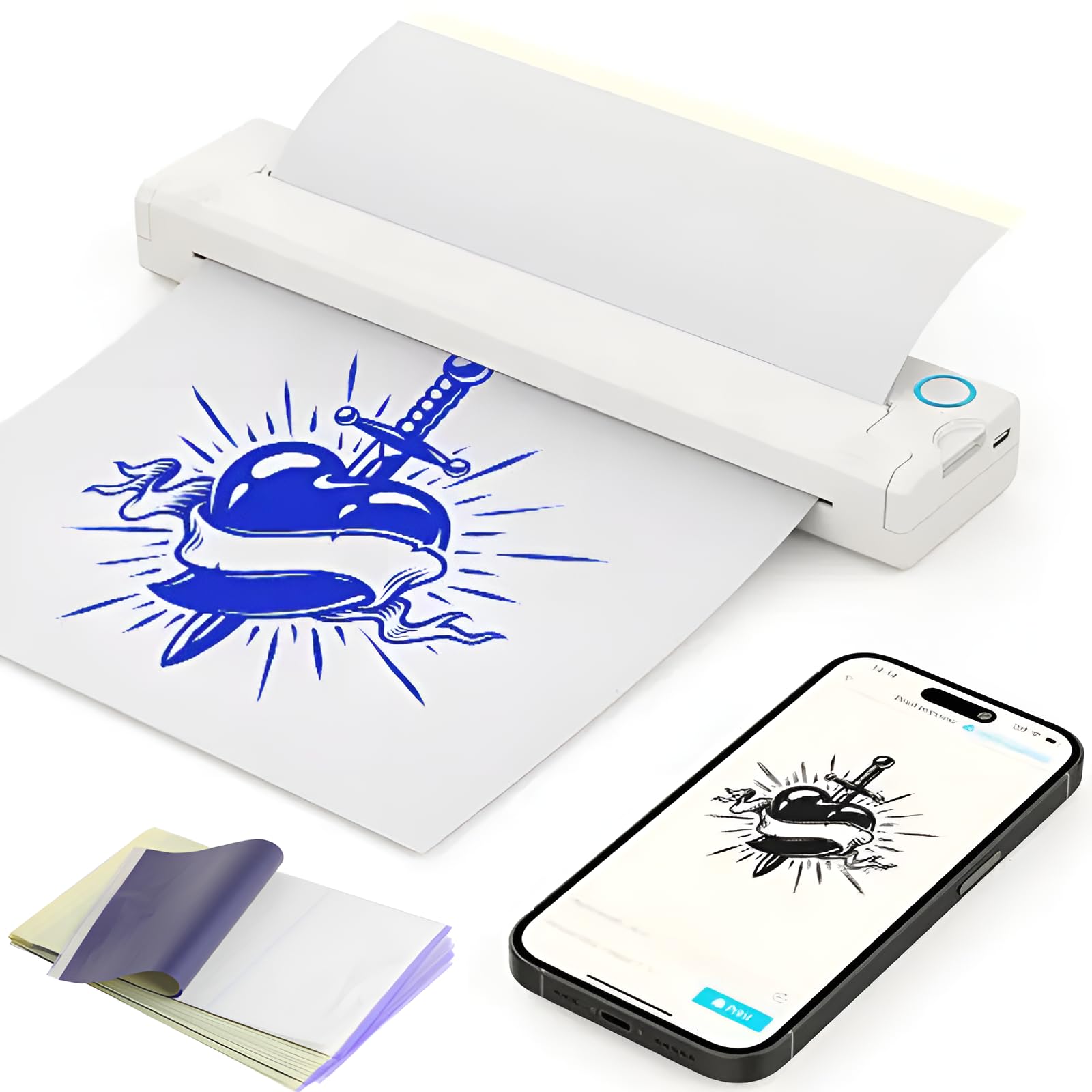 Stampante Portatile Professionale per Stencil di Tatuaggi, Stampante Termica da 1200 mAh con 50 Fogli di Carta Transfer, Stampante Wireless Compatibile con Smartphone (White)