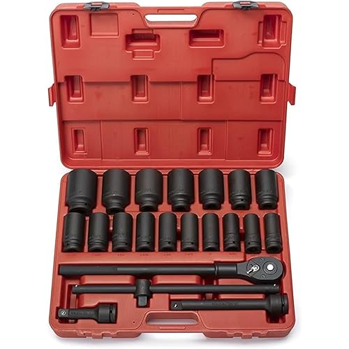 NEIKO 02409A 3/4-Inch-Drive Deep Impact Socket Set, SAE Sizes 7/8" to 2", Ratchet Handle and Extension Bars Included, Chrome Molybdenum Steel, 22-Piece Set