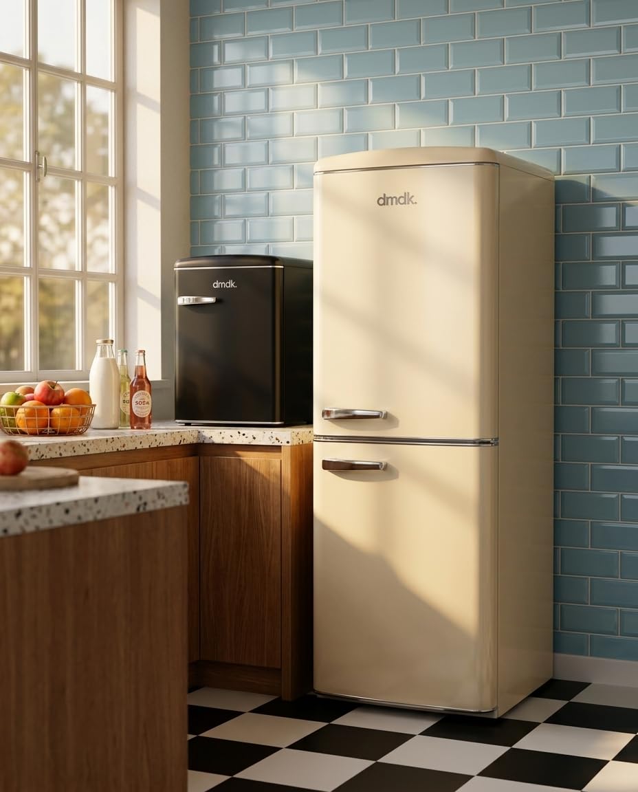 DMDK DKC3 Réfrigérateur-congélateur Combiné, 244 Litres, Crème Rétro, 181 x 55 x 57,50 cm, 39 dB