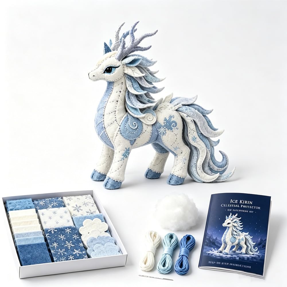 Winter Legend DIY Sewing Kit, Handmade 3D Ice Dragon Snow Fox Mythical Plush Set with 3D Printed Stand, Creative Screen-Free Craft Gift for Family Kids Craft Activities