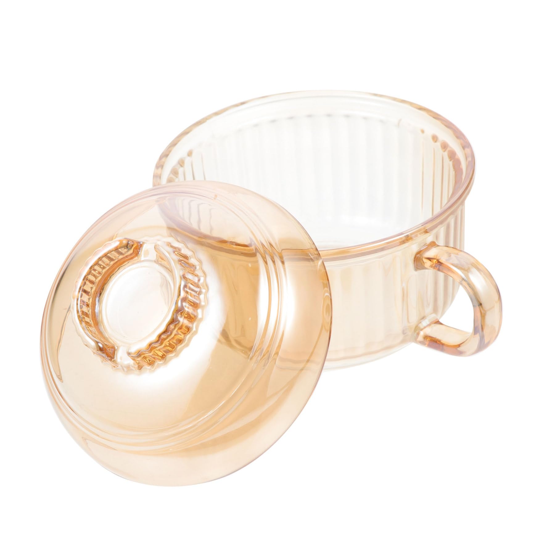 Tazón de Sopa de Vidrio con Asa y Tapa Ámbar con Diseño Vertical, Recipiente Práctico para Cocinar al Vapor, Apto Microondas, para Uso Doméstico y Estofados, Adecuado para Sopas