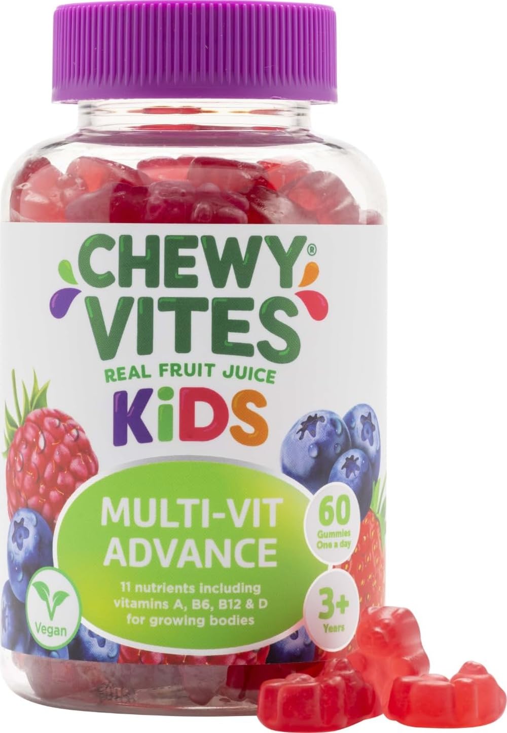 Chewy Vites Kids Multivitamin Advance, 60 Kids Vitamins Gummies, 11 Essential Nutrients, 2 Months Supply, Real Fruit Juice, Vegan, Age 3 +, Blueberry and Raspberry Flavour
