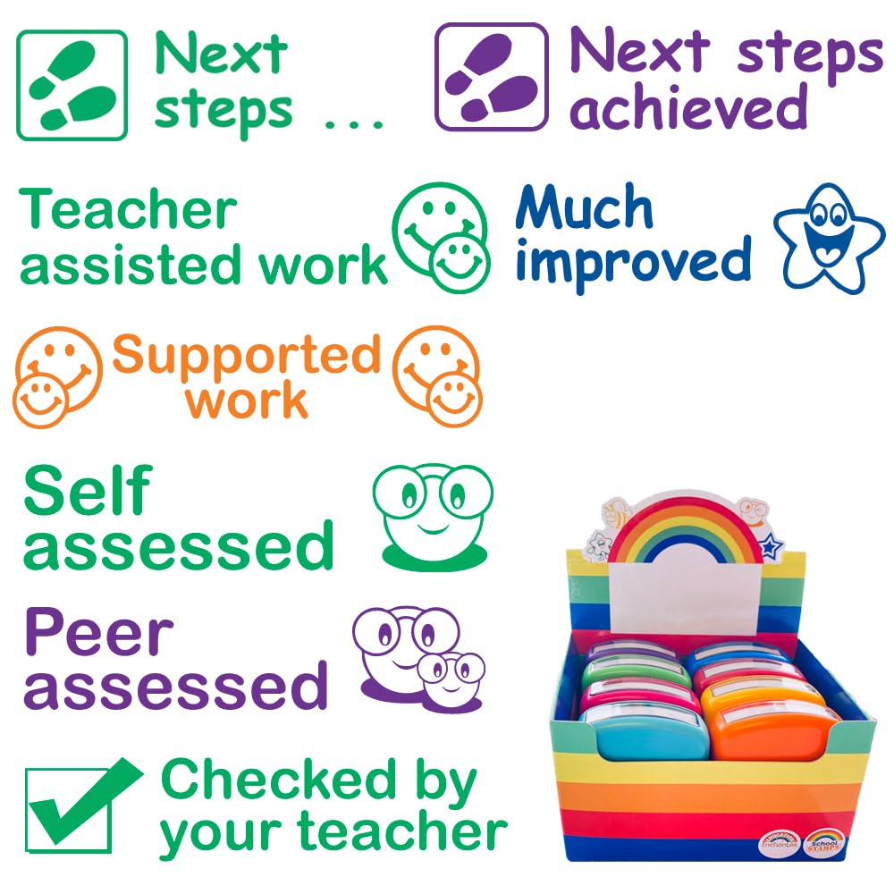 Classroom Capers Teacher Stamp Set: Next Steps, Teacher Assisted Work, Supported Work, Self Assessed, Peer Assessed, Checked By Teacher, Much Improved. Self-Inking Stampers, Reinkable
