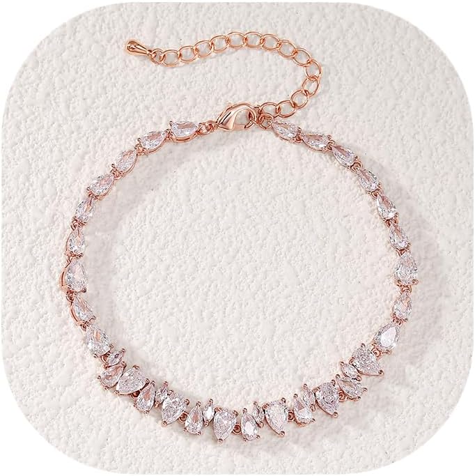 Crysdue Wedding Bridal Link Bracelet for Brides Bridesmaids, Marquise Cubic Zirconia Tennis Bracelets for Women Prom Jewelry