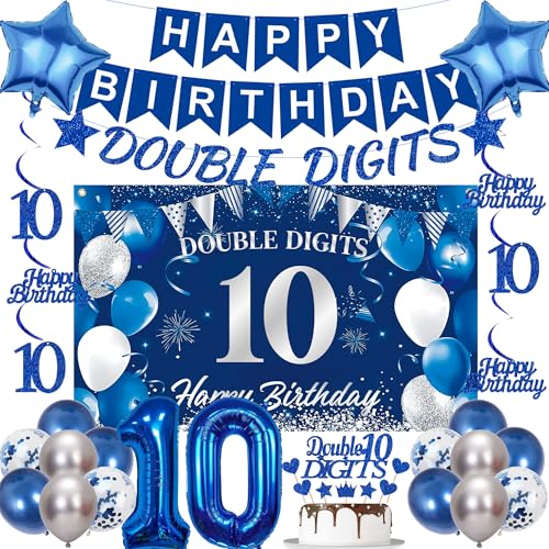 Decoraciones de cumpleaños número 10 para niños, color azul, 32 piezas de decoración de cumpleaños de doble dígito, incluyendo pancarta, remolinos colgantes, globos del número 10, telón de fondo para