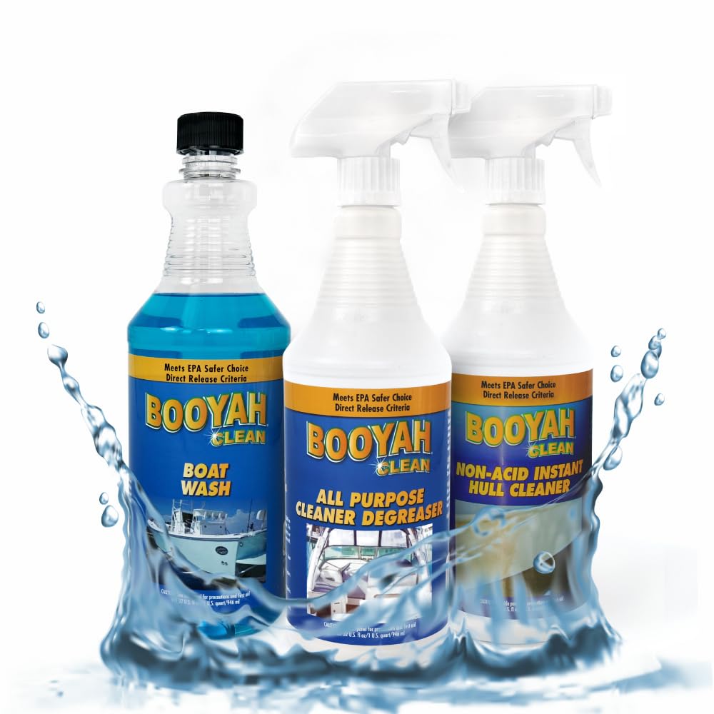 Booyah CleanQuart Trio – Includes 1 Quart Non-Acid Instant Hull Cleaner, 1 Quart Boat Wash, and 1 Quart All Purpose Cleaner – All 3 Products meet EPA Safer Choice Direct Release Criteria