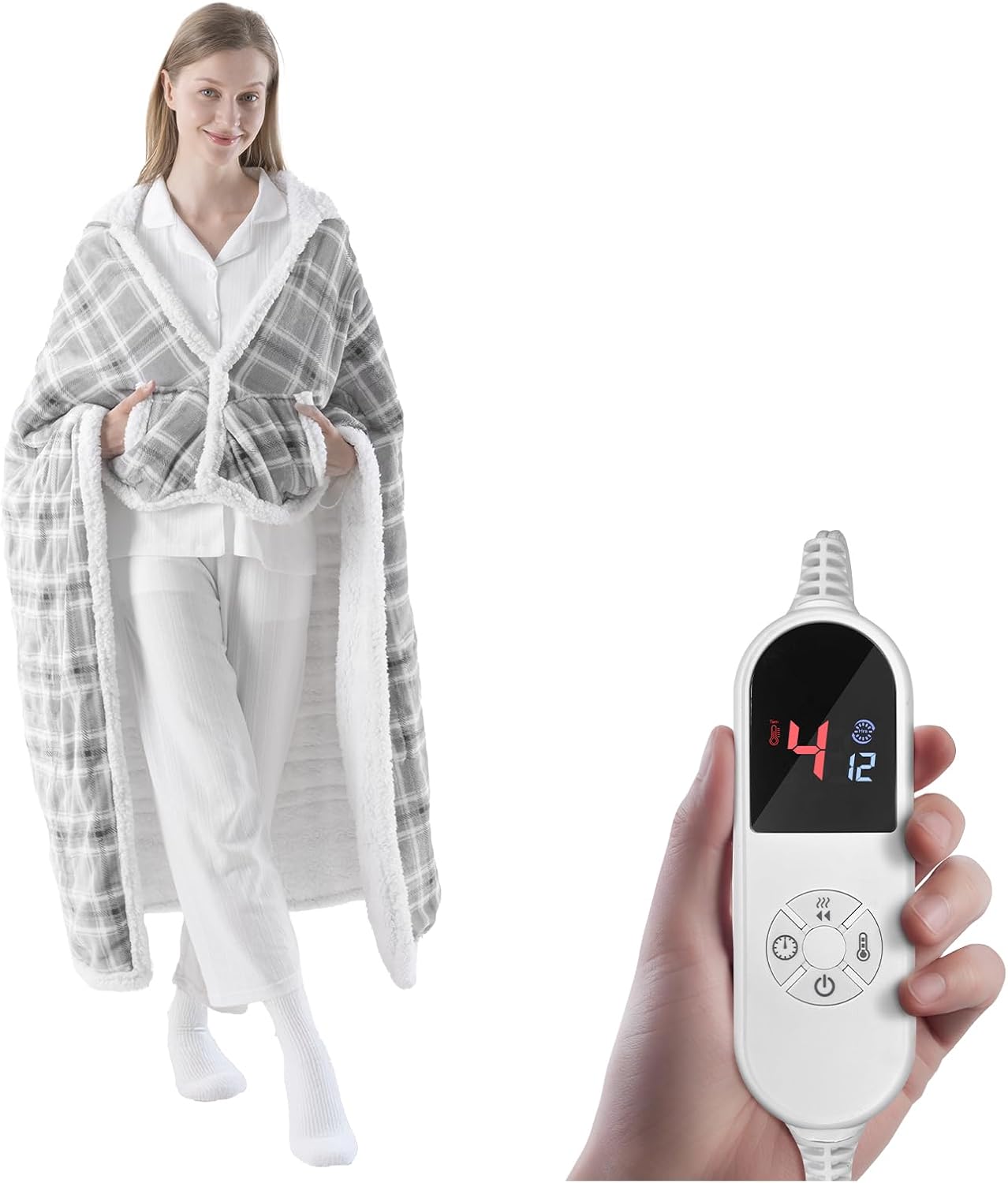 Heated Blanket Wearable Shawl - Electric Wrap Poncho Blanket Hoodie for Adult, Gifts for Mom Women, Sherpa Heating Throw with 12 Time Settings & 6 Heat Settings, 50x60 inches, Grey Plaid