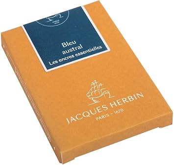 Jacques Herbin - Ref 11016JT - Essential Ink Cartridges for Fountain Pens - International Size - Bleu Austral - Box of 7 Cartridges