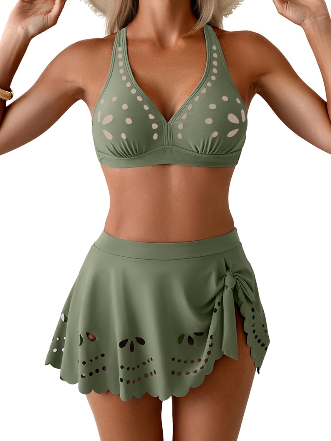 Eomenie Women's High Waisted Bikini Sets Tummy Control V Neck Two Piece Swimsuit Cutout Tie Back Bathing Suit with Skirt