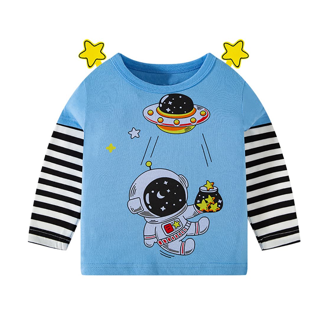 Camiseta de manga larga para niños, lindas camisetas para niñas, diseño de animales, astronauta espacial, rayas blancas y negras