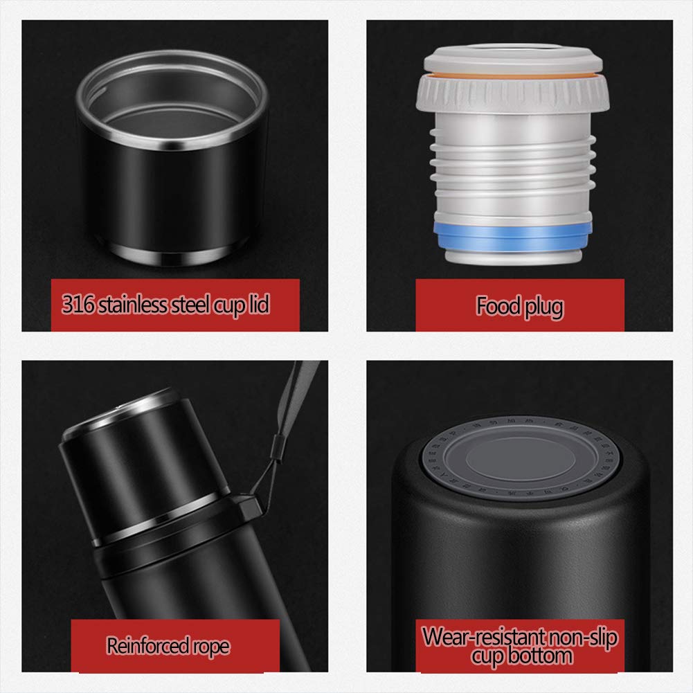 Taza Aislada, Taza De Café, Taza De Viaje, Taza De Vacío, Acero Inoxidable 316, Sin Formaldehído, para Casa, Trabajo, Deportes, Coche, Camping, Viajes. (Negro,1000ml)
