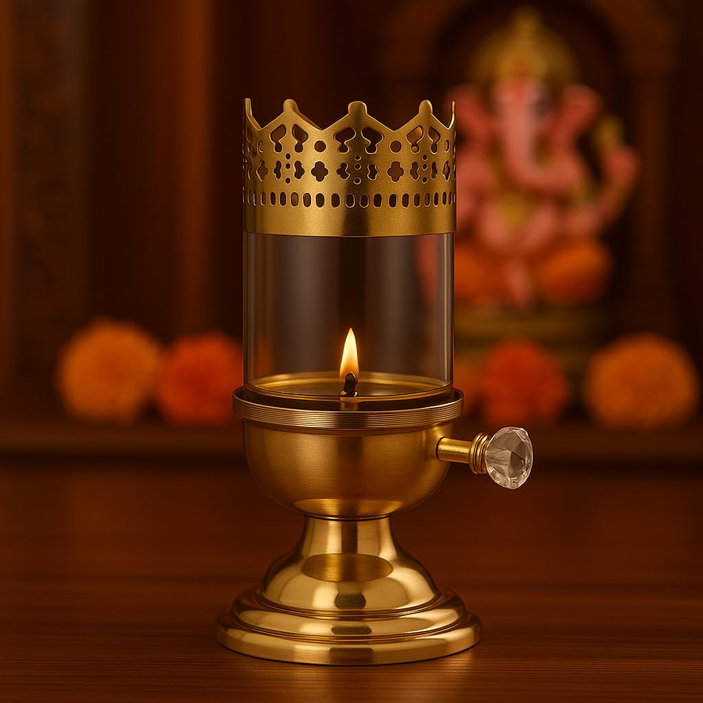 Pure Source India Brass Akhand Diya 9 Inch with Glass Chimney | Long-Lasting Oil Lamp for Pooja, Mandir & Diwali Decoration | Smokeless Flame, Windproof Deepak with Crystal Knob-picture-28