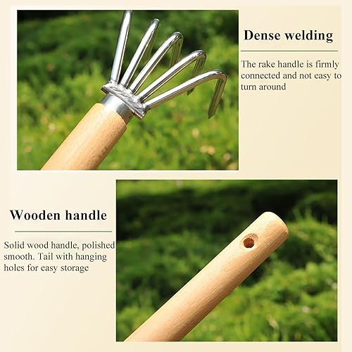 Miniatura 2 de Rastrillo de jardín cultivador de mano herramienta de jardín garra de acero inoxidable con mango de madera, 5 dientes, rastrillo de almeja,