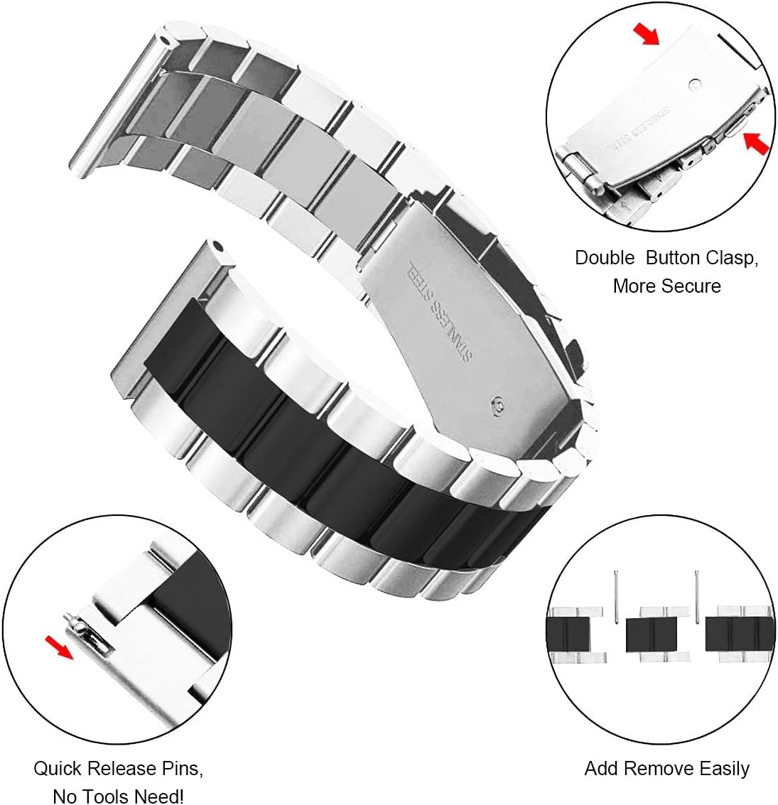 valkit Compatible with Samsung Galaxy Watch 46mm/Galaxy Watch 3 45mm Bands/Samsung Gear S3 Classic/Gear 2, 2 Pack 22mm Stainless Steel Solid Wristband Business Strap Sliver+Black for Men Women