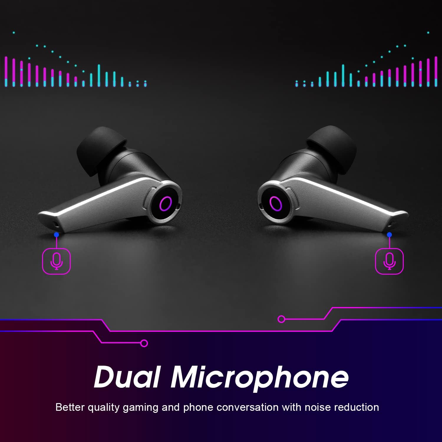 Close-up of two August EPG500 earbuds, showing the dual microphone design.