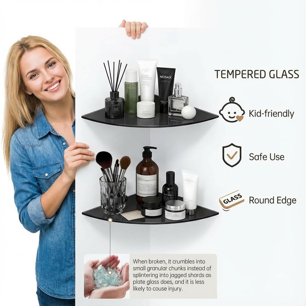 Glass Corner Shelf, 2-Pack Heavy Duty Tempered Glass Bathroom Shelf with SUS 304 Stainless Steel Brackets Wall Mounted Floating Shower Shelves for Shampoo Soap Drilling Installation