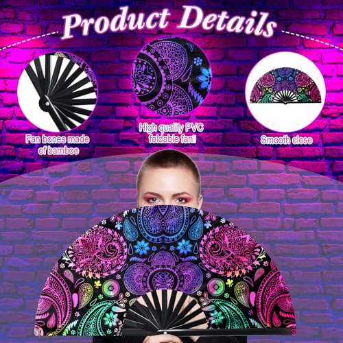 Image of FairySandy Large Rave Fan UV Glow Clack Summer Hand Fan with Thigh Holster for Women Carnival Party Supplies for Carnival Edm Music Festival Club Accessories(Paisley,Purple)