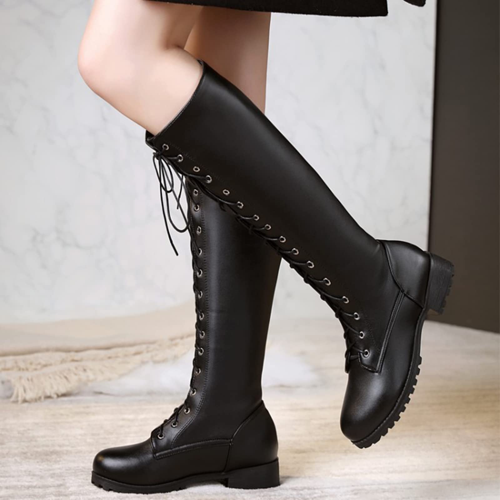 Nouveau Style Bottes Hautes Talon Bas Bottes De Moto À Lacets Noir Surdimensionné