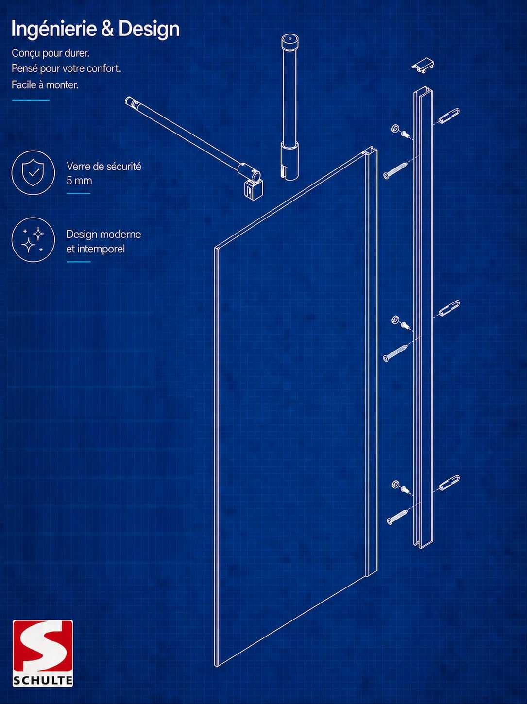 Schulte paroi douche italienne 120x190 chromé, barre 122cm réversible 5 mm | barre recoupable verre trempé réglage 118.2-120.0 cm