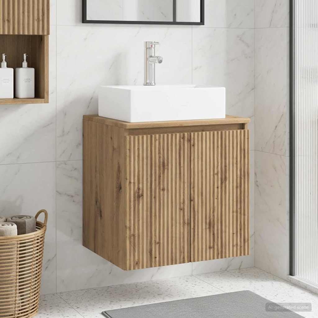 Lavabo da parete in rovere Artisan, 49,5 x 41 x 62,5 cm, con lavabo e scarico rapido, mobile da bagno, mobiletto per ospiti, facile da montare