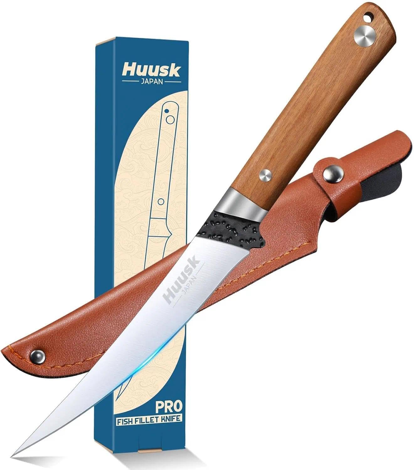 Huusk Fillet Knife for Fish - 6" Japanese Fish Knives Professional Flexible Boning Knife with Sheath, Ergonomic Wooden Handle Filleting Knives for Meat Cutting, Christmas Gift for Men and Women
