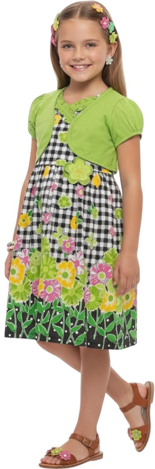 ToBeInStyle Girls Two Piece Short Sleeve Dress and Matching Bolero Crop Cardigan Assorted Prints Cotton Blend Summer Outfit