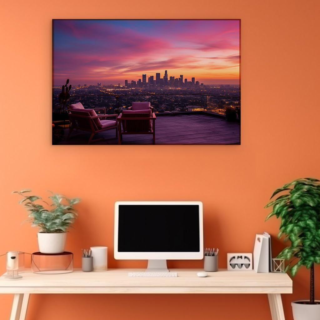 Canvas for Living room. Sunset Serenade: Downtown Los Angeles Bathed in Vibrant Hues, 27 x 18 inch Canvas Wall Art - Ready to Hang