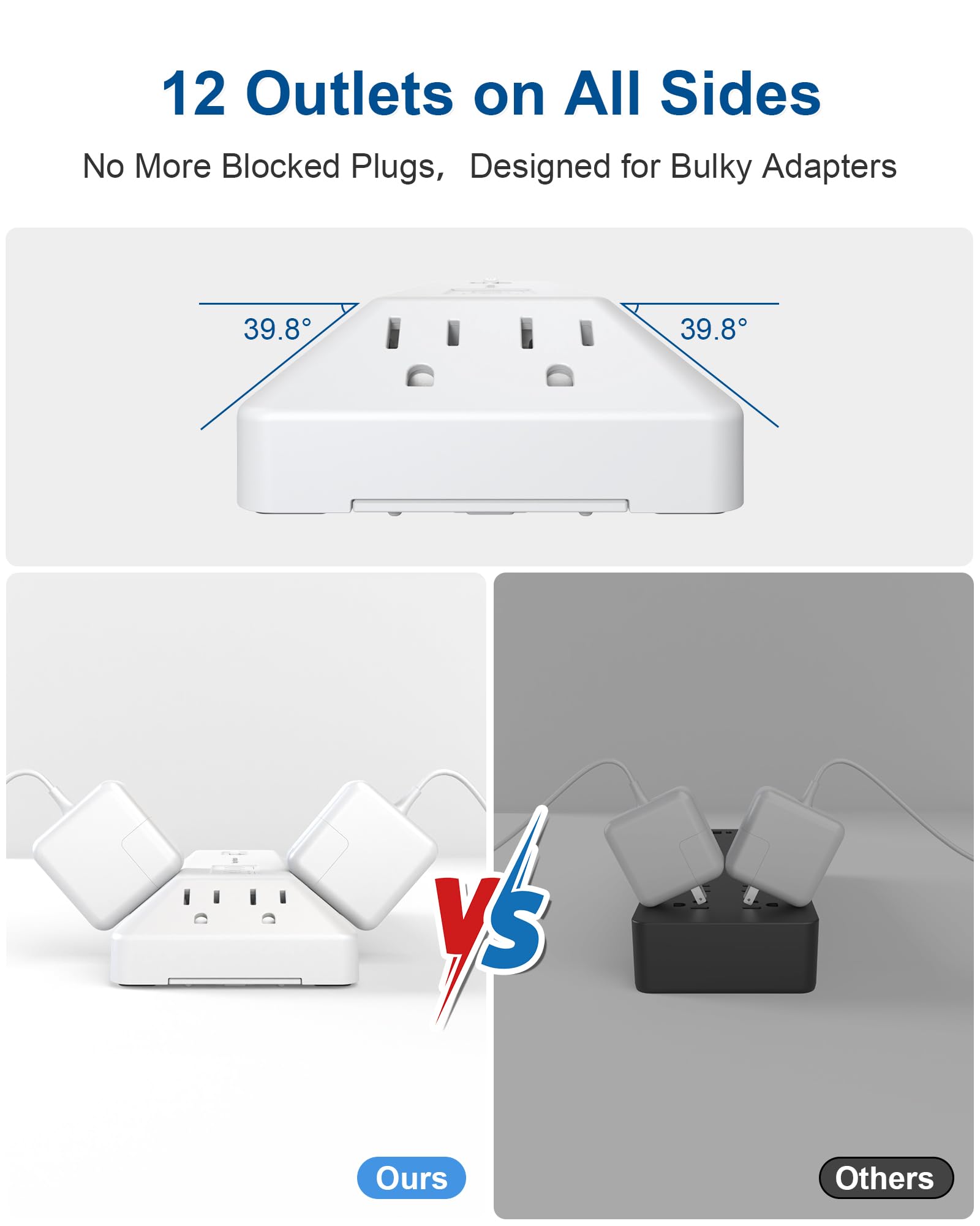 Ciabatta per computer con protezione da sovratensioni, 12 prese AC, 2 USB-C 2 USB-A, cavo di prolunga piatto da 1,8 m per stazione di ricarica