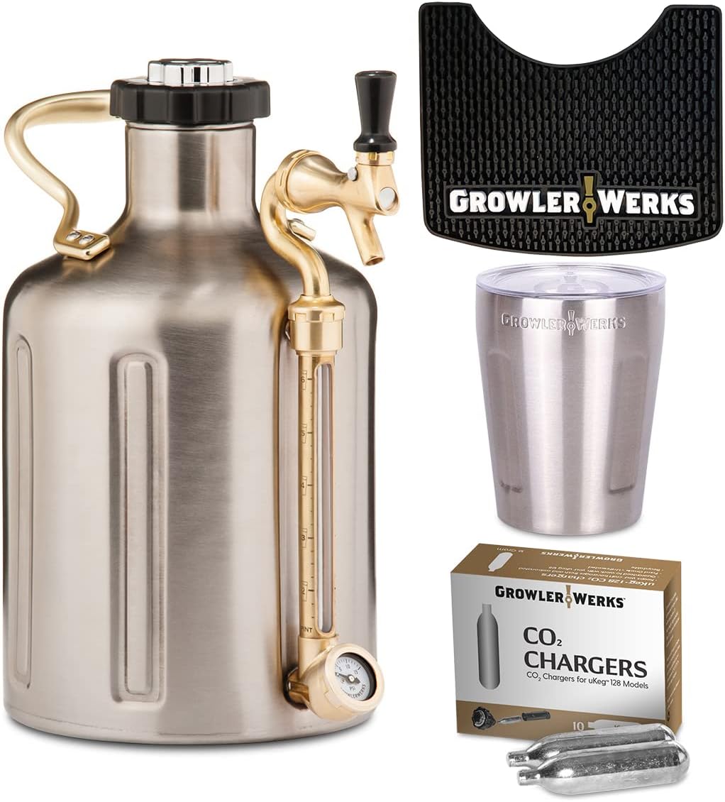 GrowlerWerks Stainless Steel Pro and Low Bundle – Includes Stainless Steel uKeg 128 Carbonated Growler, 10 Oz. Tumbler, C02 Chargers, Black Bar Mat – Pressurized Craft Beer Growlers, Mini Keg Kit : Home & Kitchen