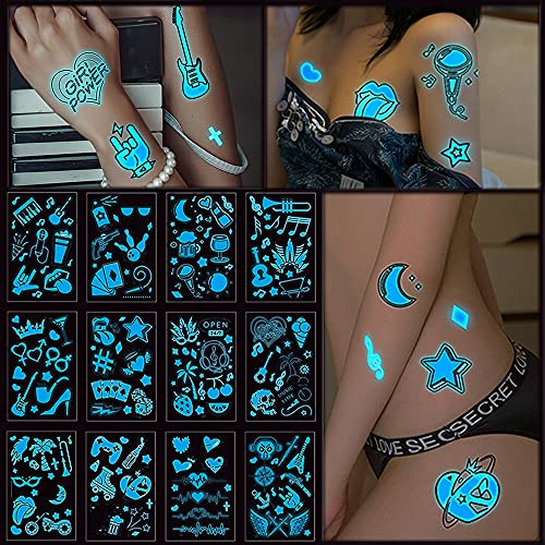 Neon Tattoo Stickers Black Lights For Glow Party Blue Luminous Temporary Tattoos 12 Sheets Uv Jewellery Body Shimmer Fake Skin Tattoo For Women Girls Body Face Art Accessories #TOP7