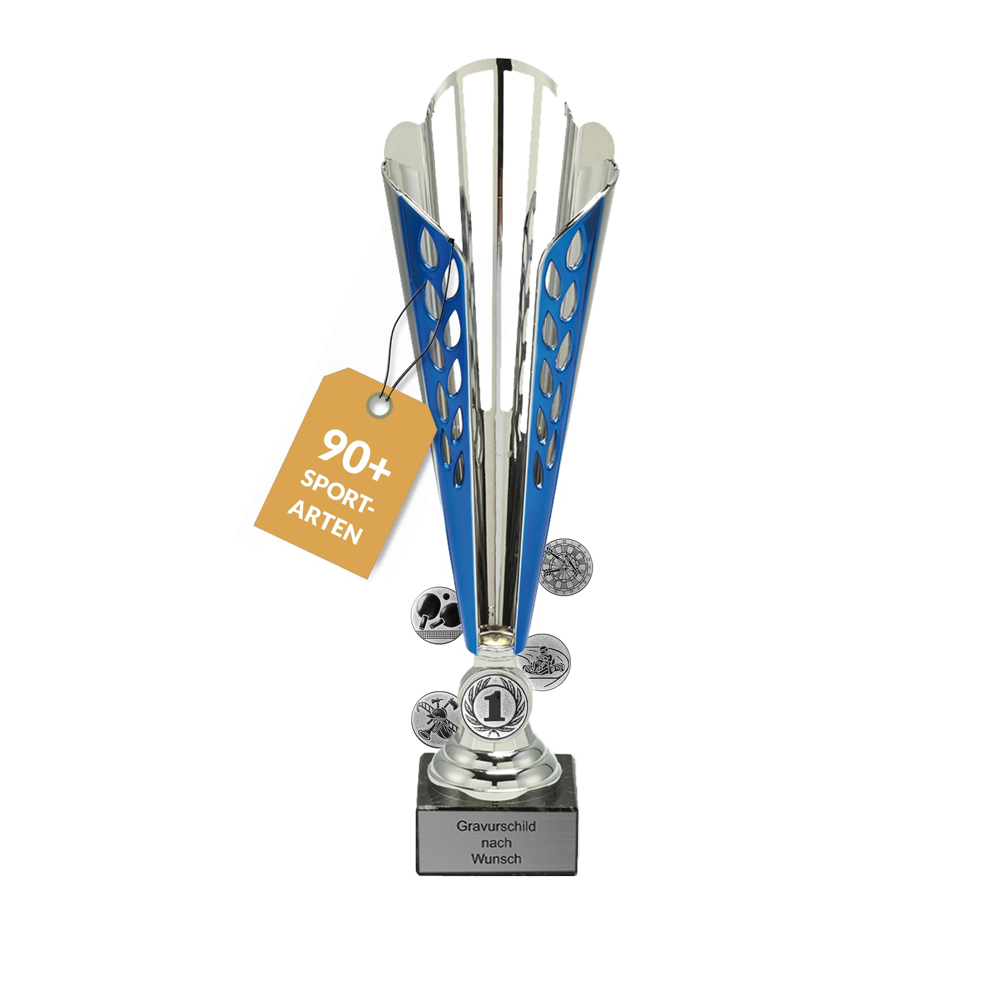 Pokal-Fabrik Pokal mit Gravur Wunschtext – Silber & Blau Trophäe mit Sportart Emblem nach Wahl – Personalisierte Auszeichnung für Fußball WM & Sport Events – 32/33,5/35,5 cm inkl. Marmorsockel