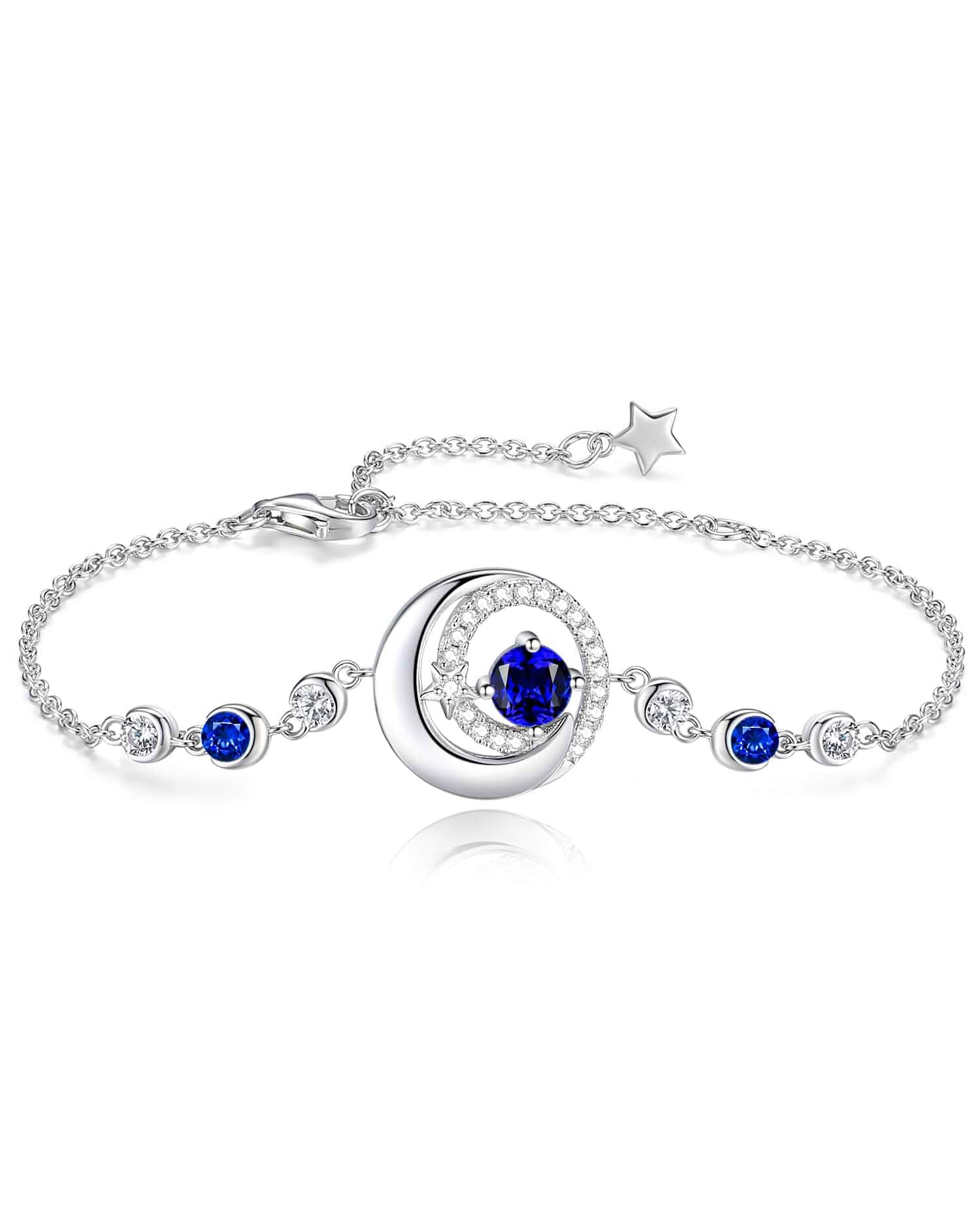 FANCIME Moon and Star Birthstone Link Bracelets for Women Sterling Silver Adjustable Charm Link Bracelet Fine Jewelry Anniversary Birthday Gifts for Women Mom Daughter Her