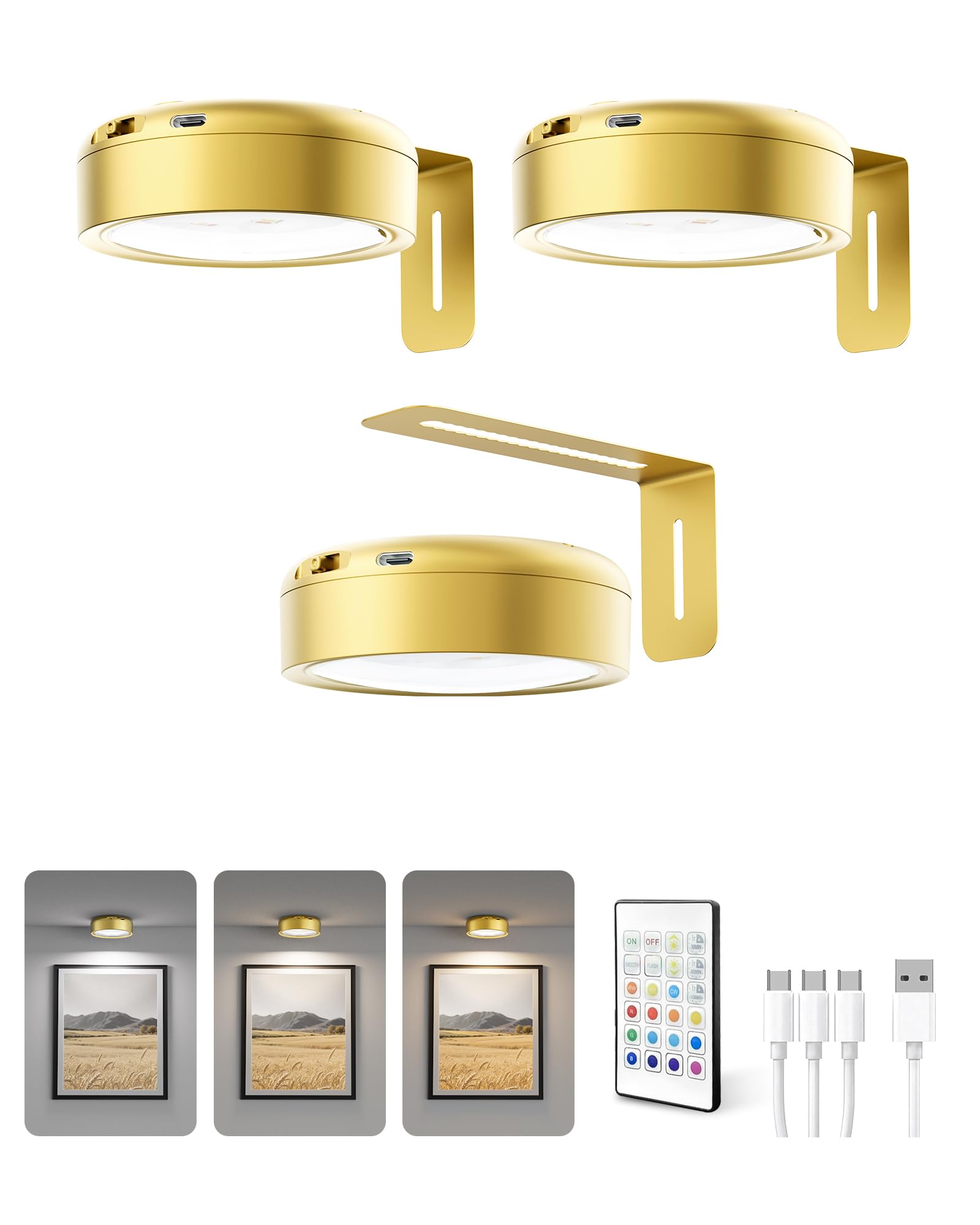 Homelist Bilderleuchte Kabellos mit 2200mAh Akku, Bilderlampe mit 12 RGB-Farben, 3 Farbtemperaturen, Dimmbar, Fernbedienung, Bildbeleuchtung Kabellos für Galeriewand, Vitrinen, Gold, 3 Stück