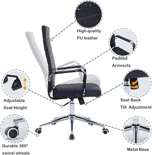 Miniatura 6 de Silla de escritorio moderna de oficina con respaldo alto, silla ejecutiva ergonómica acanalada de piel sintética, silla de trabajo giratoria