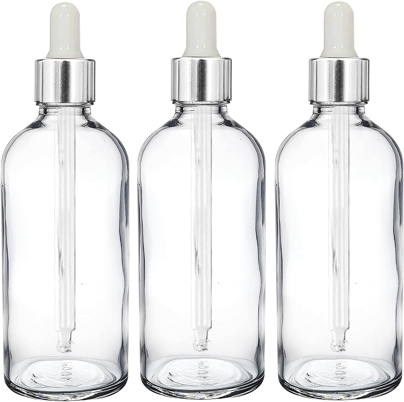 Mkd2 Rise 100 ML Clear/Transparent Round Empty Glass Bottle + Dropper + Silver Ring + Silcon White Teat (Pack of 3) Refillable, Leak Proof For Essential Oils, Perfumes