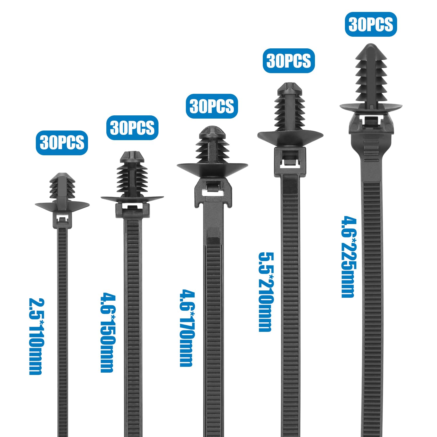 XINGO 150 bridas de montaje a presión, 5 tipos, bridas de nailon para montaje en coche, bridas de cable de montaje a presión, bridas de cable negras de montaje a presión, cremalleras automotrices