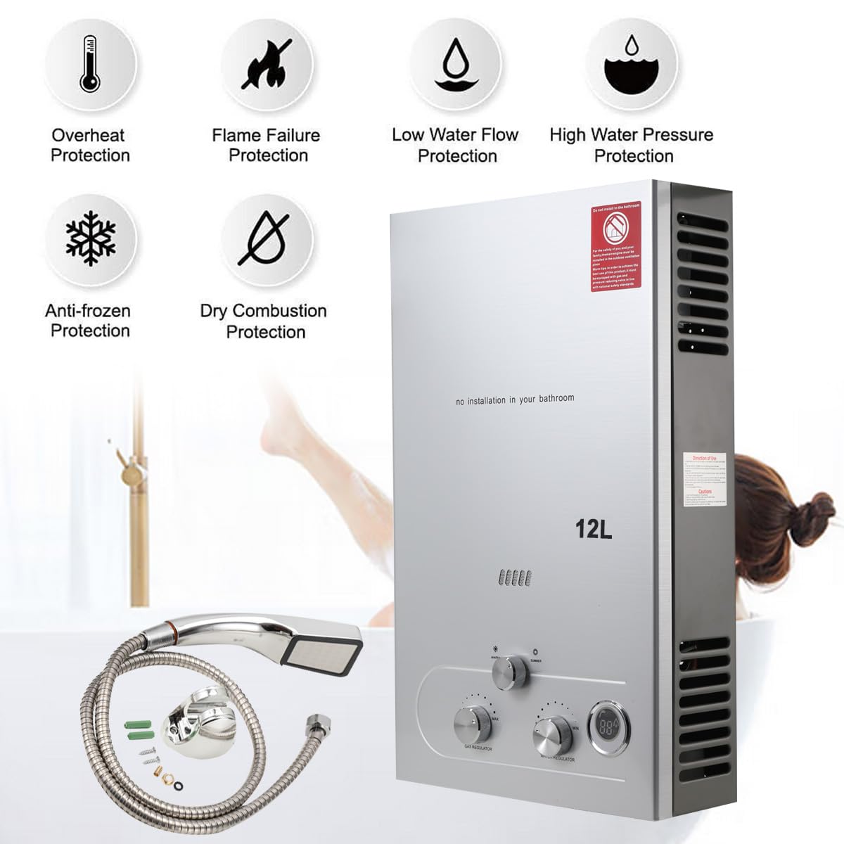 12L 24KW Gasdurchlauferhitzer, LPG Warmwasserbereiter, 3,2 GPM Propangas Tankloser Kesselbrenner Sofort-Heißwasserbereiter mit Duschkopf-Kit für Kleine Häuser, Kabinen, Campingdusche silber